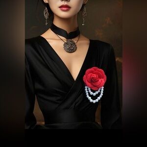 NWT Elegant Women Red Camelia Flower Faux Pearl Tassel Brooch Pin,